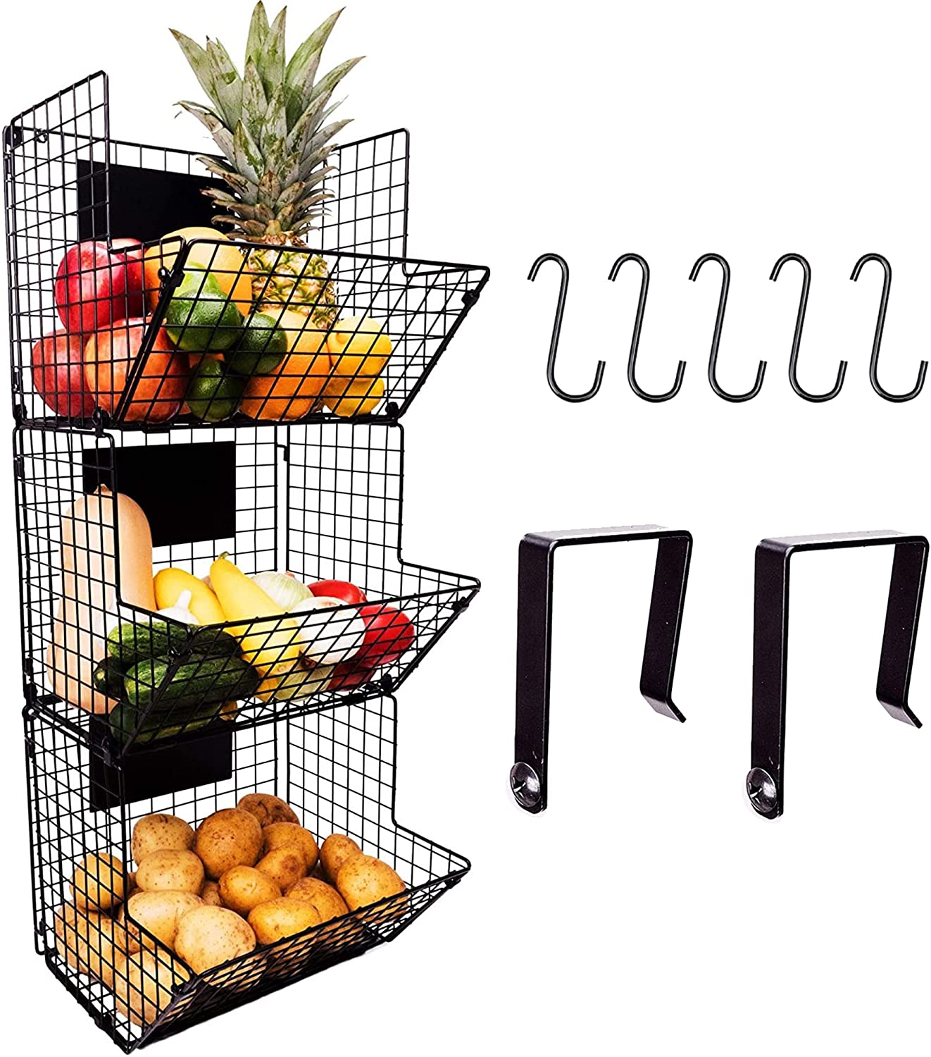 X-cosrack Metal Wire Basket Wall Mount, 3 Tier Wall Storage Basket  Organizer with Hanging Hooks Chalkboards, Rustic Kitchen Fruit Produce Bin  Rack