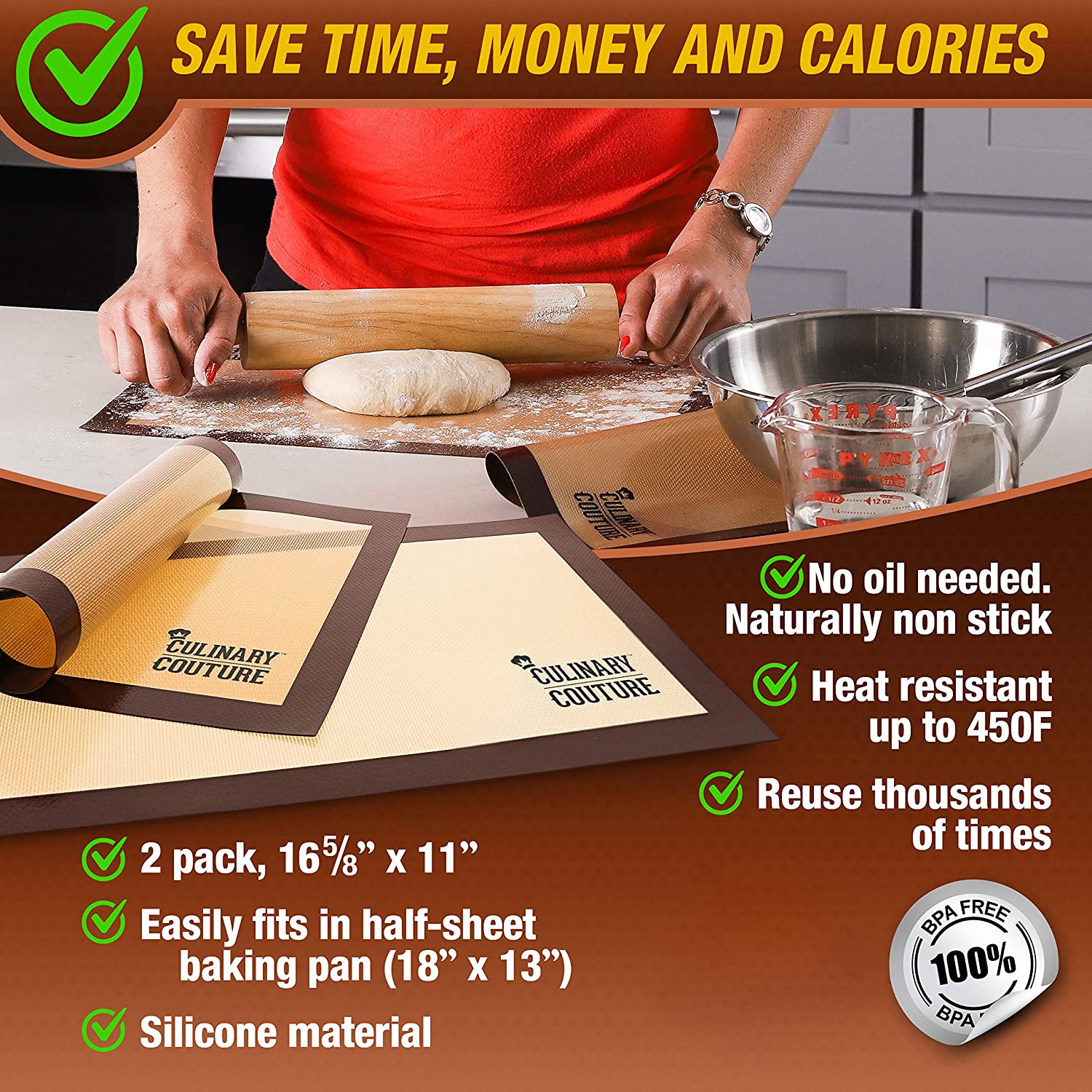 Nonstick Heat Resistant Silicone Baking Mats - 2 Packs