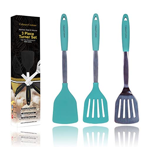 Culinary Couture Aqua Sky Silicone Spatula Turner Set – Stainless Steel and Silicone Heat Resistant Kitchen Utensils – 608F – Grill Spatula Too